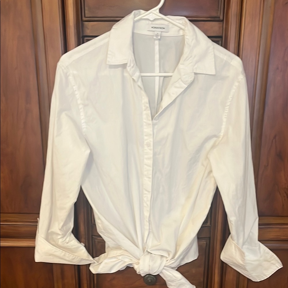 Nordstrom White Button Down Shirt with Tie Front and Notched Collar
